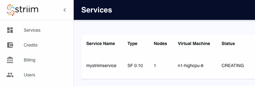 The user interface for Striim on Snowflake, open to the Services page.