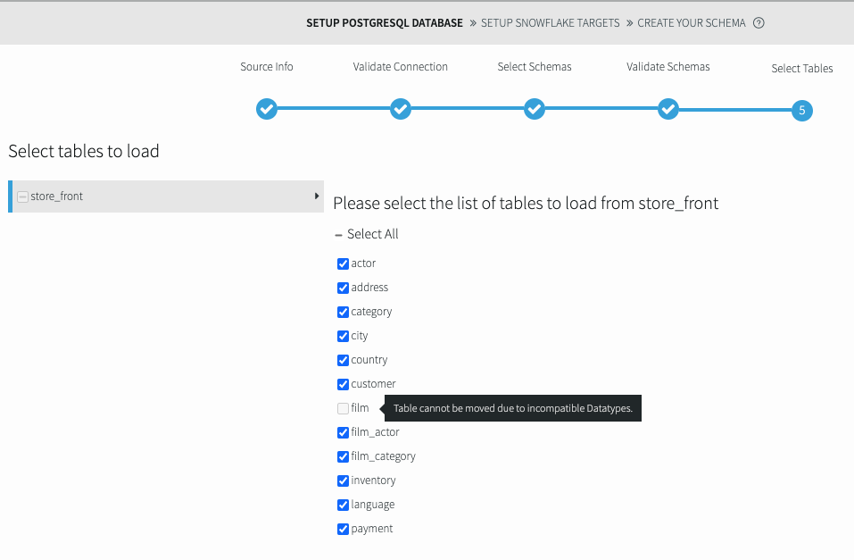 The Postgres setup wizard at step 5. A list of selectable database tables is shown.