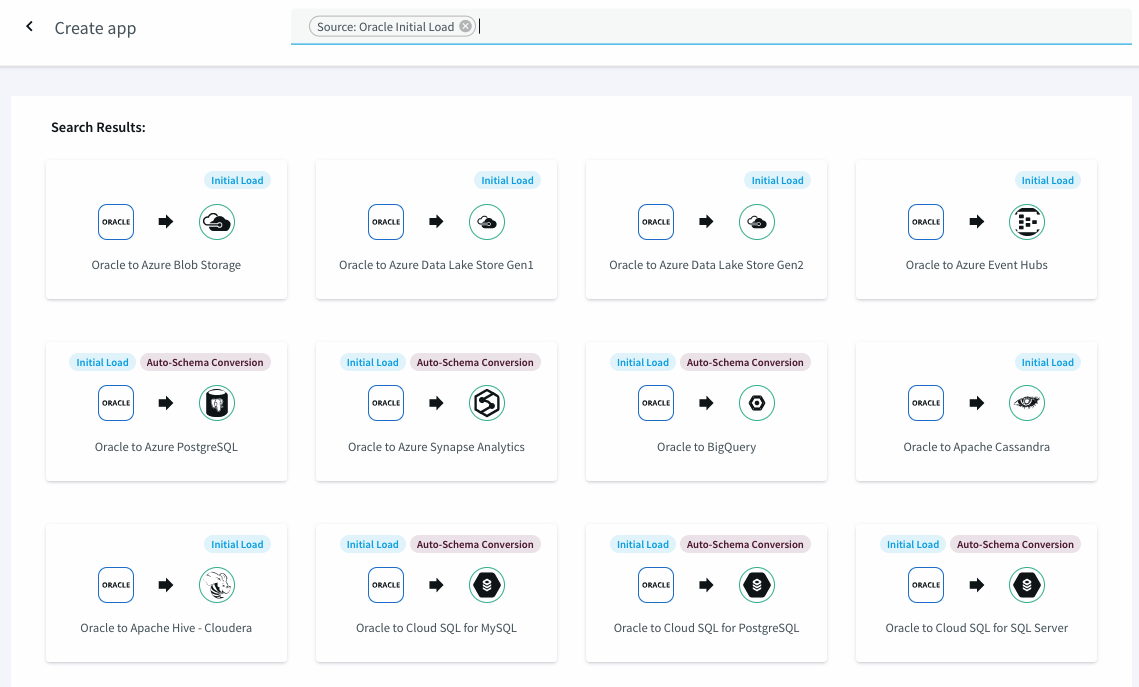 A grid of search results for Striim templates. The search text is entered in the Create app field.
