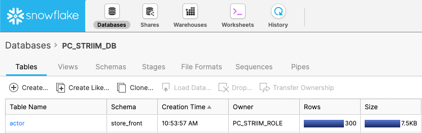 An image of the Snowflake UI with status for the PC_STRIIM_DB database.