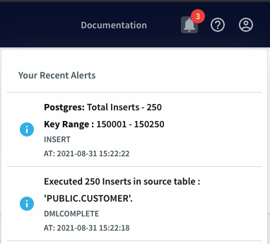 An alert that 250 inserts in the source table PUBLIC.CUSTOMER are complete.