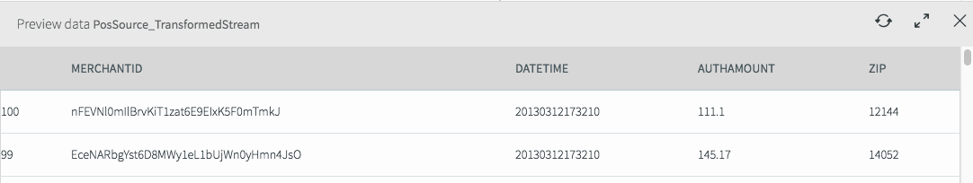 A sample of the preview data from PosSource_TransformedStream.